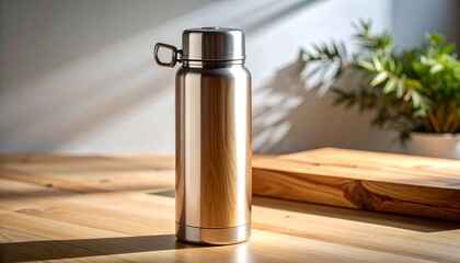 Metal Water Bottle on Wood Surface with Indoor Plant and Sunlight