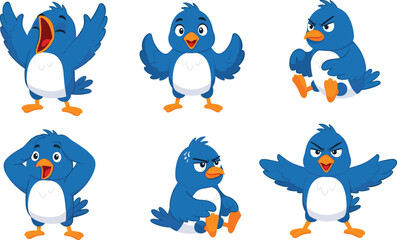Cartoon blue bird character with different facial expressions, vector animal mascot set, kids bird emotions, cute character illustration pack