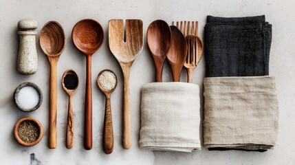 A collection of wooden utensils and tableware arranged on a neutral background, perfect for culinary inspiration.