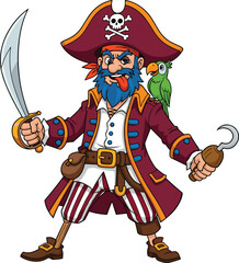 Cartoon pirate character with sword and parrot, funny costume illustration, hook hand, striped pants, blue beard, adventure themed clipart