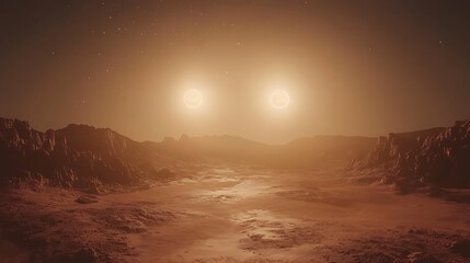 Mysterious planetary terrain under twin glowing orbs