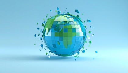 A blue and green translucent pixel globe on a background, with pieces flying around it