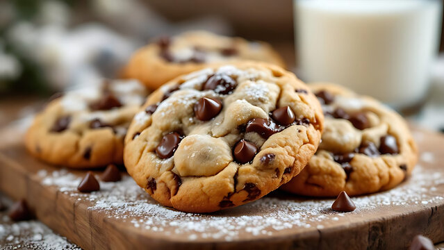 Indulge in these freshly baked chocolate chip cookies, artfully arranged on a wooden board, complete with a refreshing glass of milk.