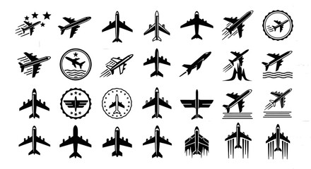 Set of airplane icons and logo designs. Aviation, transportation, aerospace, travel concept.