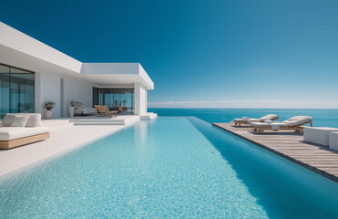 Fototapeta premium Modern house with infinity pool and sea view, white modern architecture on the island in Thailand, beach, 