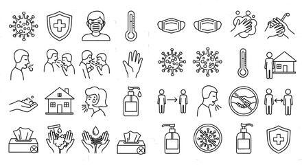 Line art icons depict health and safety measures. Disease prevention, hygiene, and protection concepts.