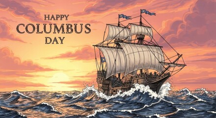 Happy Columbus Day Sailing on the Sea at Sunset