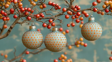 Obraz premium Colorful winter foliage and ornaments create a festive atmosphere in a whimsical, nature-inspired pattern suitable for holiday decorations and seasonal 