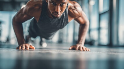 A determined athlete performs push-ups in a modern gym setting, showcasing strength and focus during a workout.