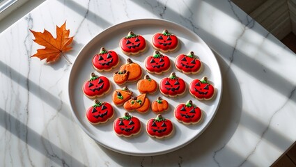 Discover a vibrant collection of Halloween-themed pumpkin cookies with spooky faces perfect for seasonal parties, beautifully arranged on a white plate with festive sprinkles, ideal for baking and hol