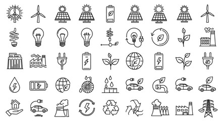 A collection of line art icons depicts renewable energy sources. Clean energy, sustainable technology, eco-friendly lifestyle.