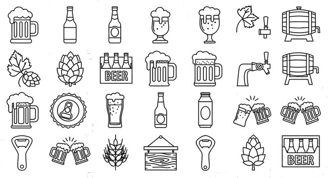 Beer icons collection for pub promotion and design. Assortment of brewery-related images, including beer bottles, mugs, taps, and more.