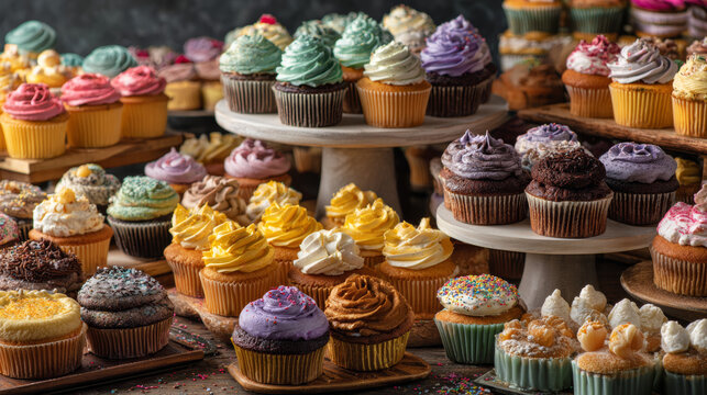 Towering display of assorted muffins and cupcakes with vibrant flavors