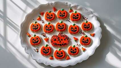 Discover a vibrant collection of Halloween-themed pumpkin cookies with spooky faces perfect for seasonal parties, beautifully arranged on a white plate with festive sprinkles, ideal for baking and hol