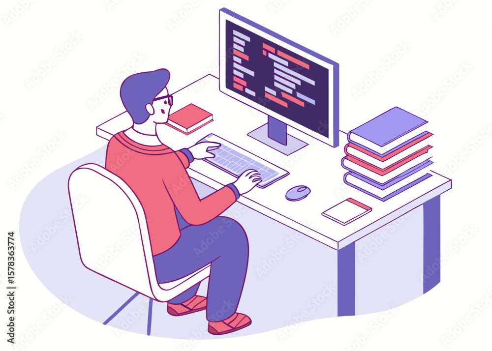 Poster programmer working on computer at desk with books isolated on white background