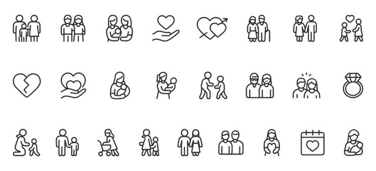 Family & Relationship Line Icons Pack – Unique Outline Symbols Representing Love, Parenting, Couples, Marriage & Emotional Connections for UI, Apps, and Social Design Projects