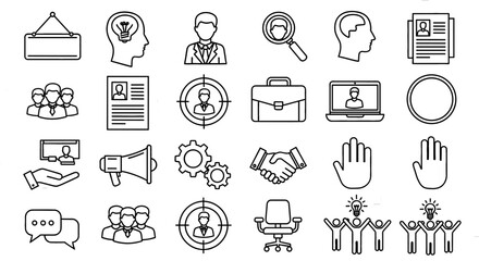Set of line icons symbolizing business concepts. Represents teamwork, innovation, and human resources themes.