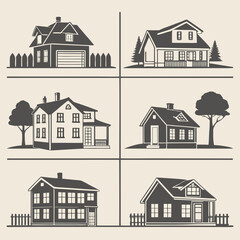 a group of houses with trees and a fence