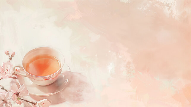 Happy abstract teatime background card illustration with a cup of tea cherry blossoms and painted pastel copy space