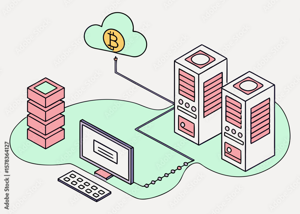 Poster cloud computing network with bitcoin symbol and servers isolated on white background