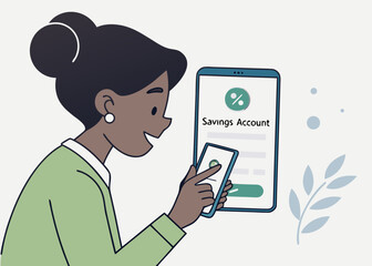 Woman using a mobile app to manage her savings account isolated on white background