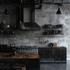 Dark industrial kitchen with exposed brick, metal shelving, and dark wood island