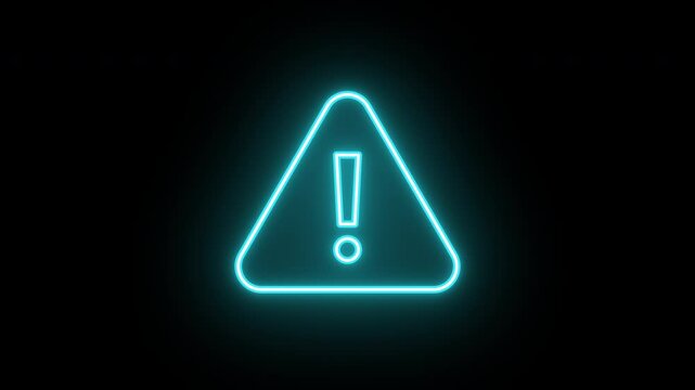 Neon warning icon animation, slow blink. Glowing neon exclamation mark, looped slow flashing animation. Caution signal, alert, urgent attention, error notice, danger. Azure violet blue colors