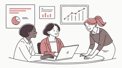 Three diverse women collaborating on a business project with charts and graphs isolated on white background