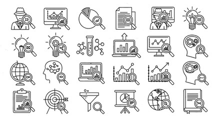 Icons of data analysis and research investigation. Set of outline icons for business analytics, scientific research, and data discovery.