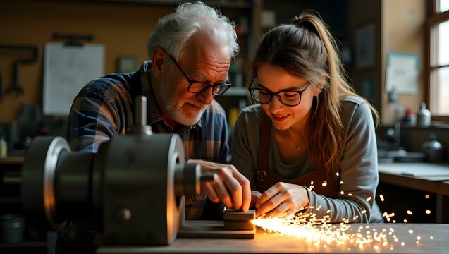 Expert metalworker teaches young apprentice welding techniques creating vibrant sparks inside the workshop fostering legacy. - Powered by Adobe
