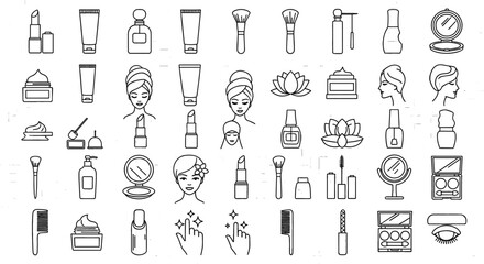 Cosmetic products arranged in a grid pattern for beauty concepts. Beauty products, makeup, skincare, accessories, beauty, cosmetics, skincare, wellness