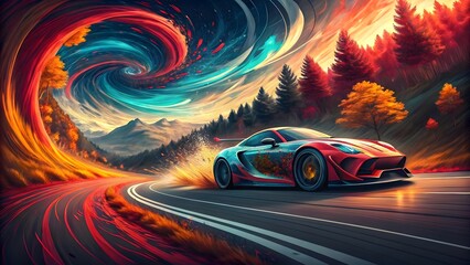 Futuristic sports car speeds through a vibrant swirling vortex landscape.