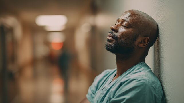 A healthcare worker leans against the wall, reflecting on the challenges faced in a hospital setting.