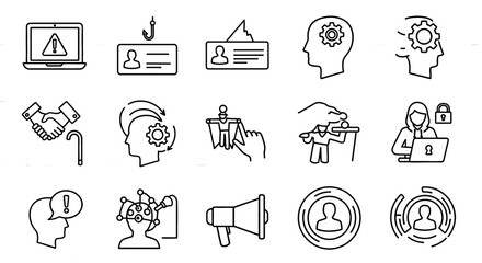 Set of line icons representing different themes and concepts. Includes identity theft, phishing, brain manipulation, hacking, and security awareness.