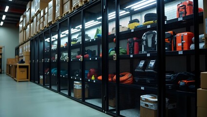 Inside a brightly lit storage facility, shelves contain organized camping gear and assorted packed boxes.