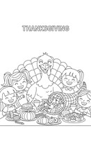 Obraz premium Happy children celebrating thanksgiving with a turkey and feast isolated on transparent background