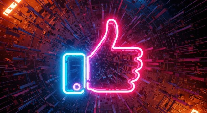 Glowing Neon Thumbs Up Icon Amidst Abstract Digital Tunnel Background With Vibrant Lights - Powered by Adobe