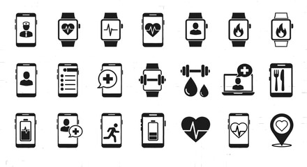 Set of icons related to health and fitness apps. Digital wellness, mobile monitoring, personal health tracker, app features