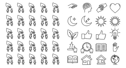 Illustrative icons conveying support, growth, and intellect. Line art symbols showcase community, health, education and nature.