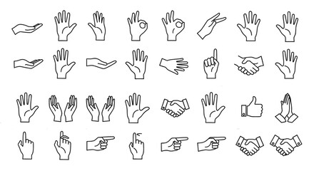 Collection of hands in various gestures and positions. Communication, sign language, instruction, agreement, pointing, assistance, offering, prayer.