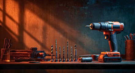 Cordless power drill and assorted drill bits arranged on a workbench with dramatic lighting and a textured background