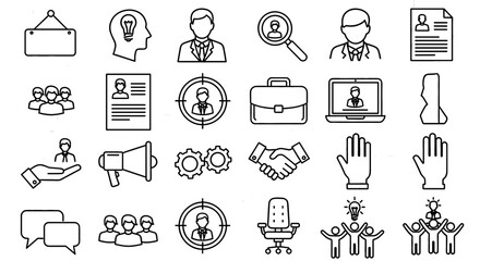 Conceptual line icons representing career growth, showcasing teamwork, human resources management, and job recruitment, highlighting human capital development