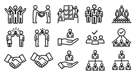 Naklejka premium Teamwork icons emphasizing partnership and collaboration in diverse business environments, symbolizing unified goals and organizational structure success