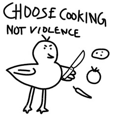 Choose cooking, not violence, funny duck with a knife and vegetables.