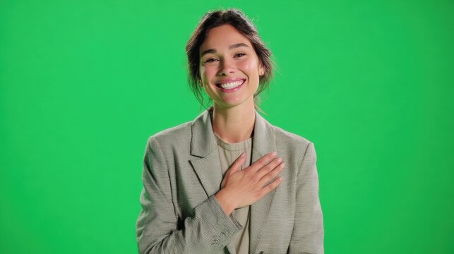 A smiling woman wearing a blazer, expressing warmth and positivity against a green screen background. - Powered by Adobe