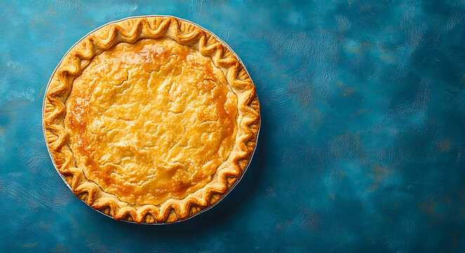 Golden brown baked pie with a crimped crust sits on a textured teal blue surface viewed from directly above
