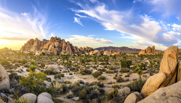 Desert landscape with rocky formations and Joshua trees under bright blue sky at sunset