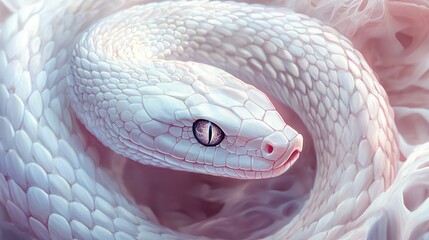 Fototapeta premium A swirling, close-up view of a pale pink and white snake