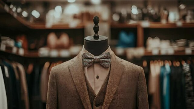 Mannequin dressed in brown textured suit and patterned bow tie, realistic style, displayed in fashion store interior, concept of formal menswear