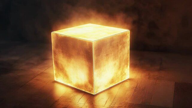 Mysterious glowing cube illuminating dark room with smoke